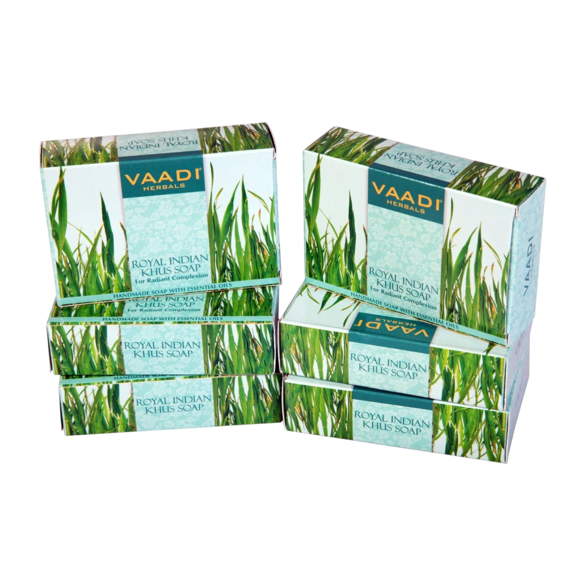 

Vaadi Herbals Royal Indian Khus Soap Bar Pack With Olive And Soyabean Oil For Smooth Refreshing Bathing Care 75 g x 6