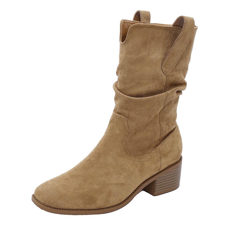 Huge Good-looking Pointed Mouth Piled Boots Short Boots Women's Thick Heel Brown Boots Thin and Tall Western Knight Boots