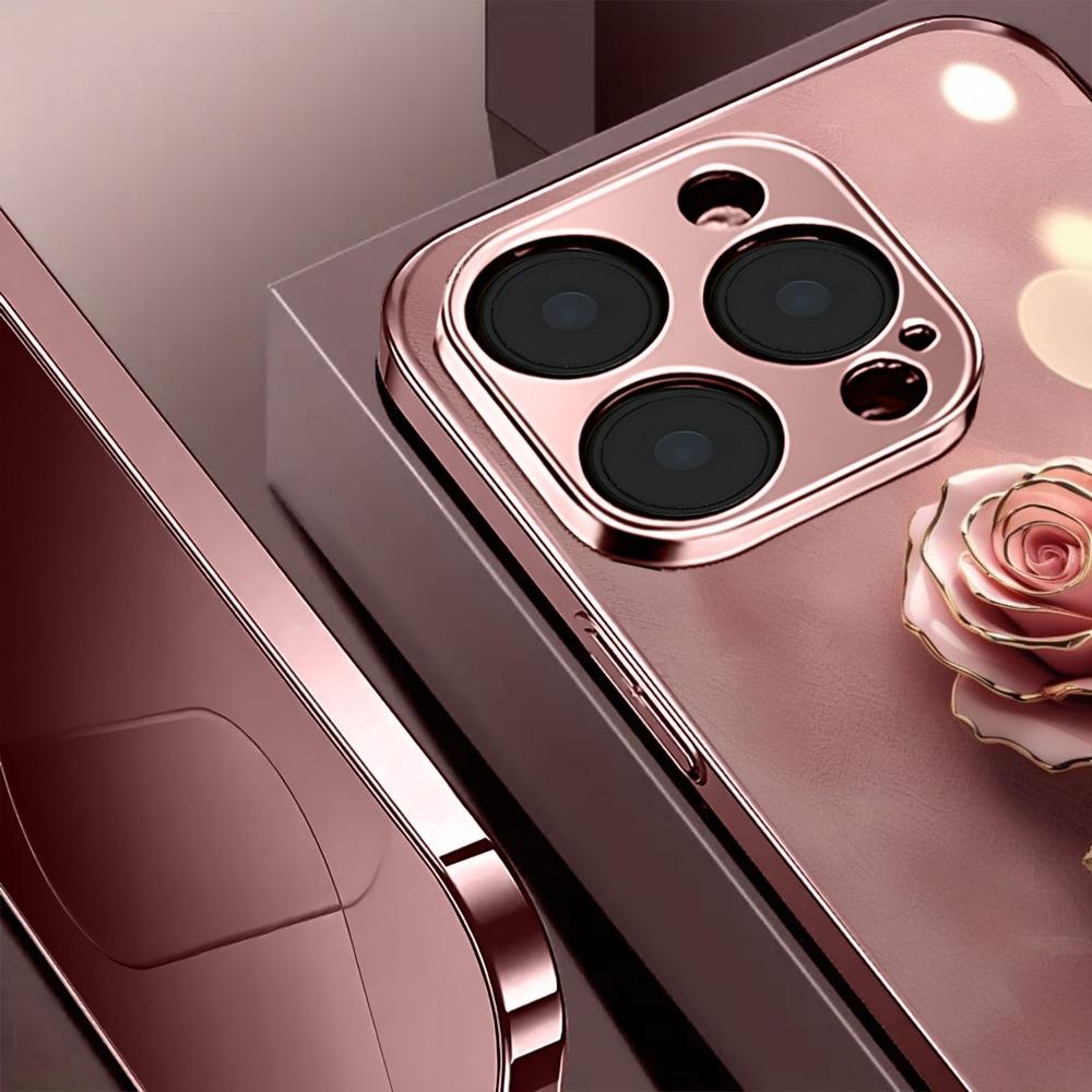 Rose Pattern Metallic Paint Glass Phone Case Suitable for iPhone17 16 15 14 13 12 11Pro/Max/Plus Anti Fingerprint and Shockproof