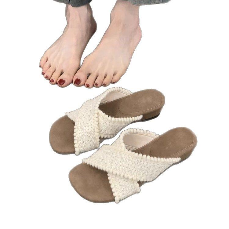 Roman Woven Crossed Slippers Female 2025 Summer Gentle Fairy Resort Beach Slope Heel Cool Slippers Female Tide