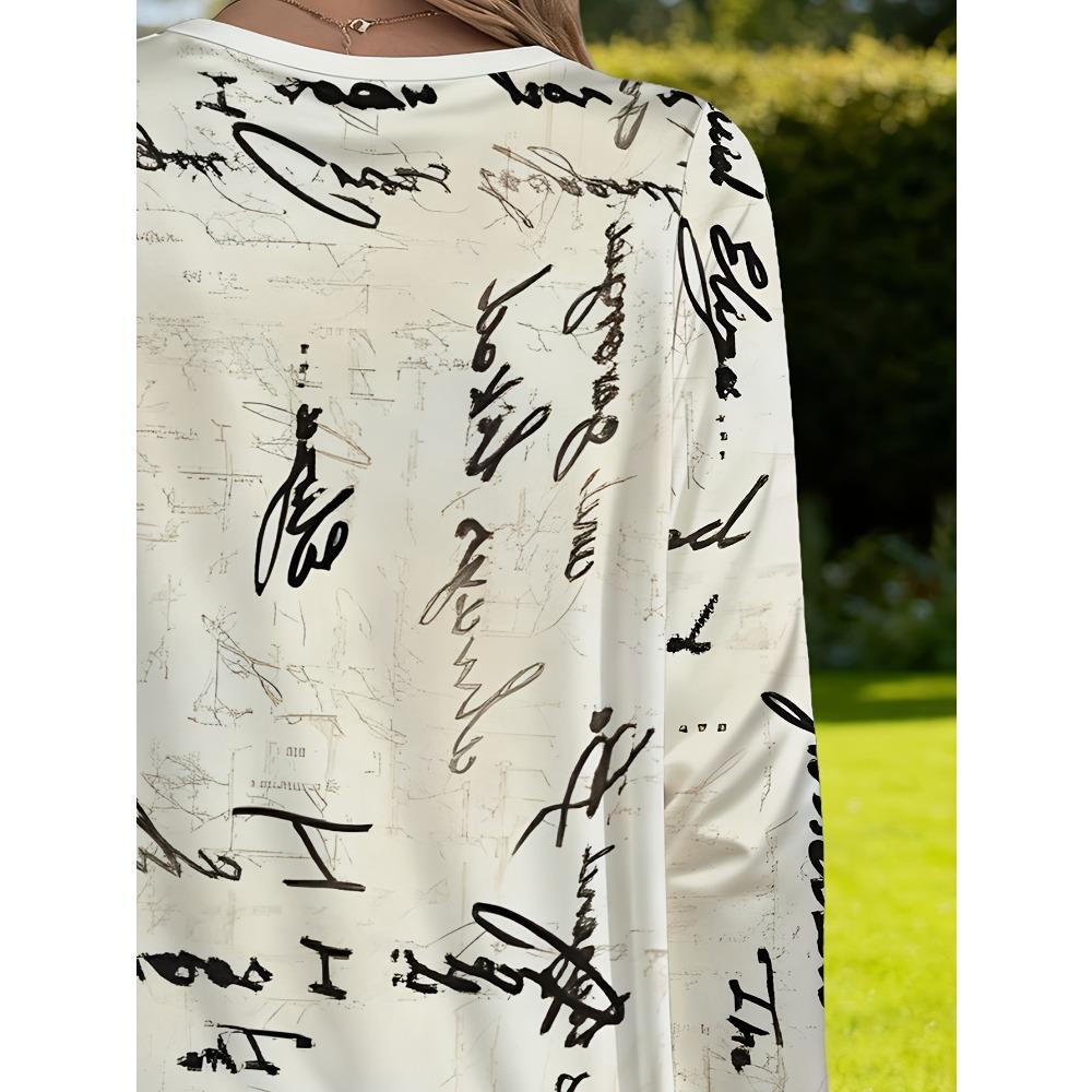 Women'S Elegant Letter Print Loose Top with Pockets, Comfortable All-Match Autumn Long Sleeve T-Shirt