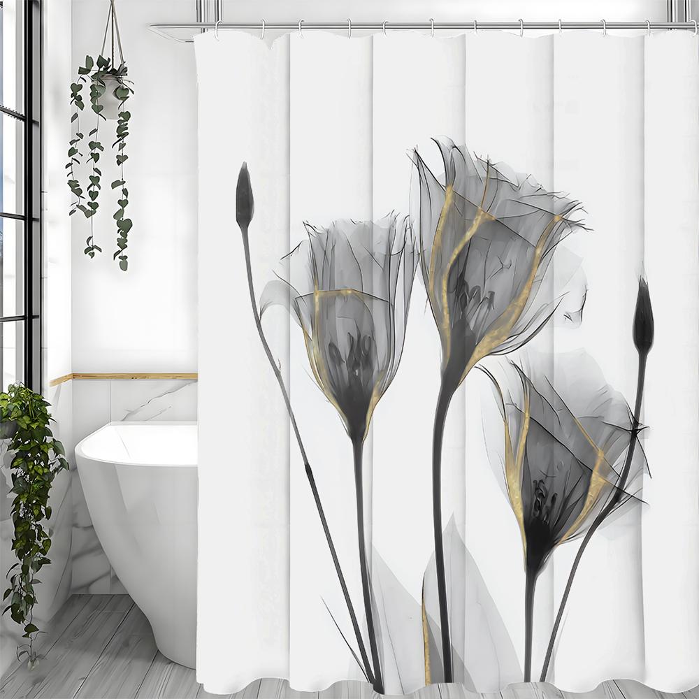 Gray Floral with Gold Line Decorative Shower Curtain, Bathroom Decorative Shower Curtain, Waterproof Shower Curtain with Hooks