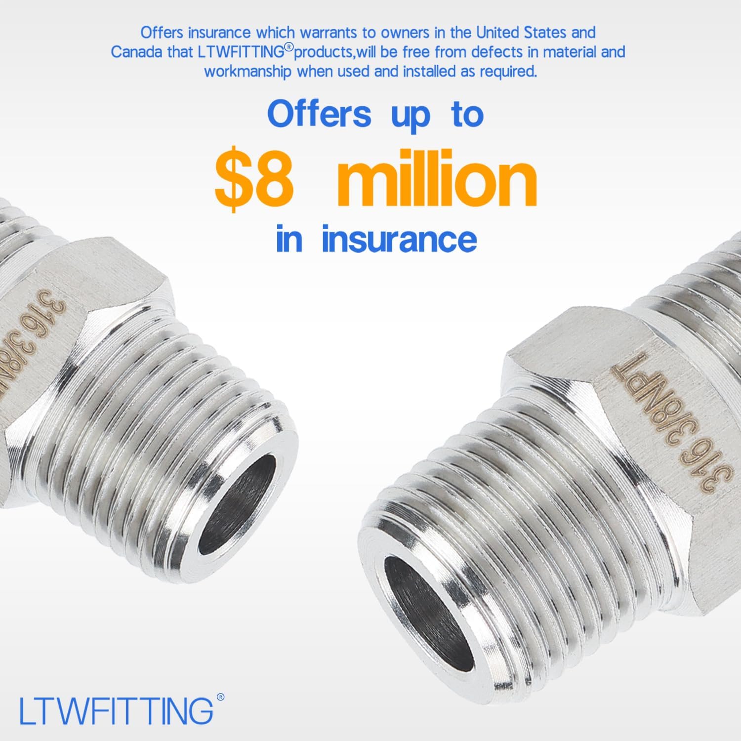 

LTWFITTING Class 3000 Stainless Steel 316 Pipe Hex Nipple Fitting 3/8 Male NPT Air Fuel Water (Pack of 5)