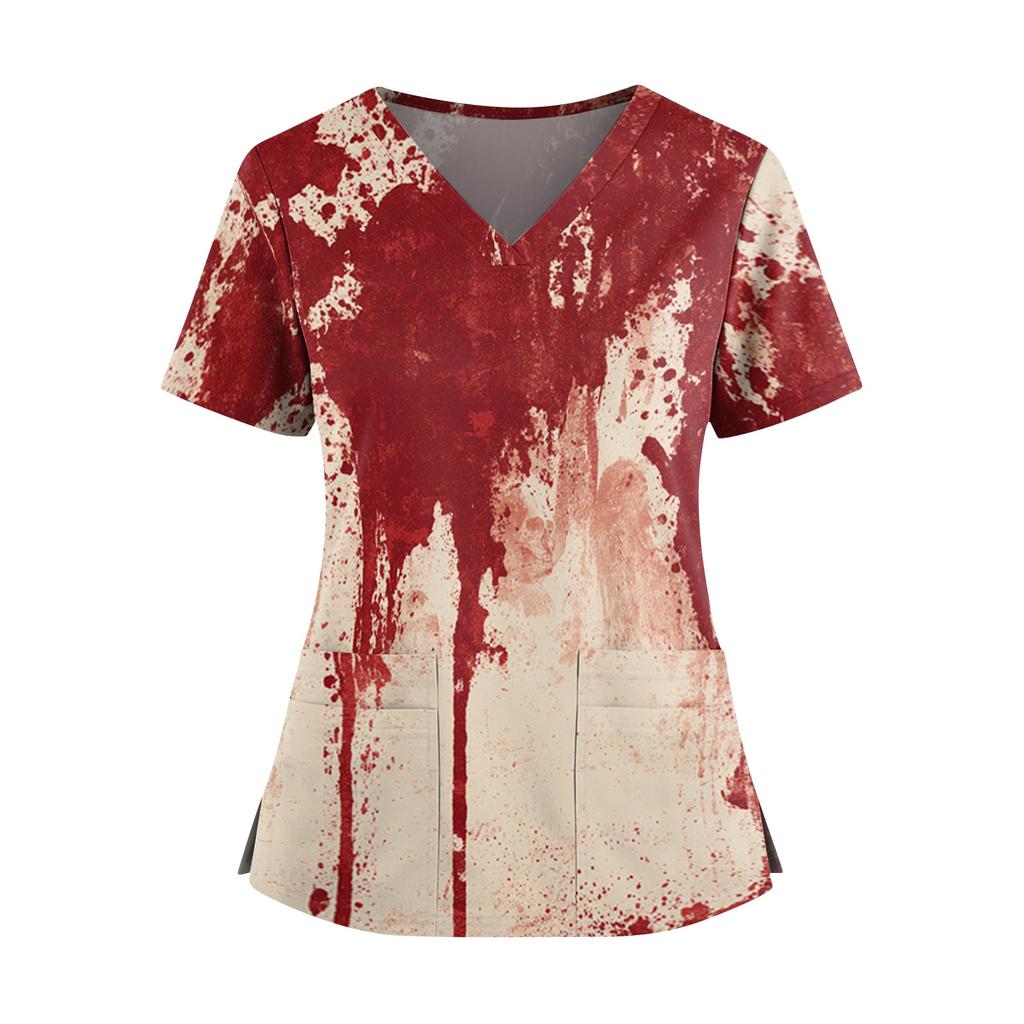 Women's Halloween Print V Neck Short Sleeve Nurse Top with Dual Pockets and Side Slits Medical Uniform Shirt for Caregivers