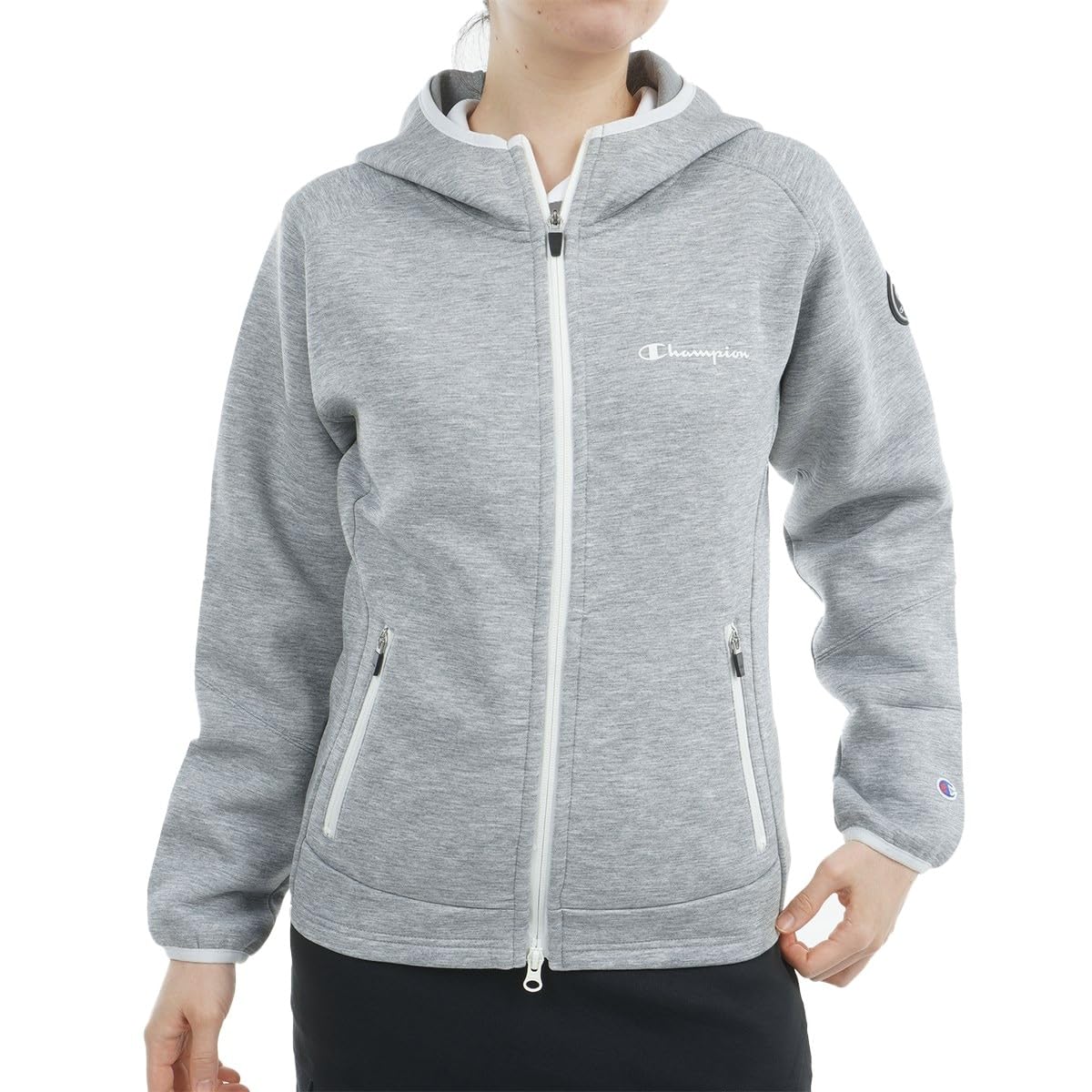 

Champion Long Round Script Tech 3LS Zip Hooded Sweatshirt Oxford Gray Women s Sleeve, Neck, Water-Repellent, Logo, Weave® (CW-AG102),