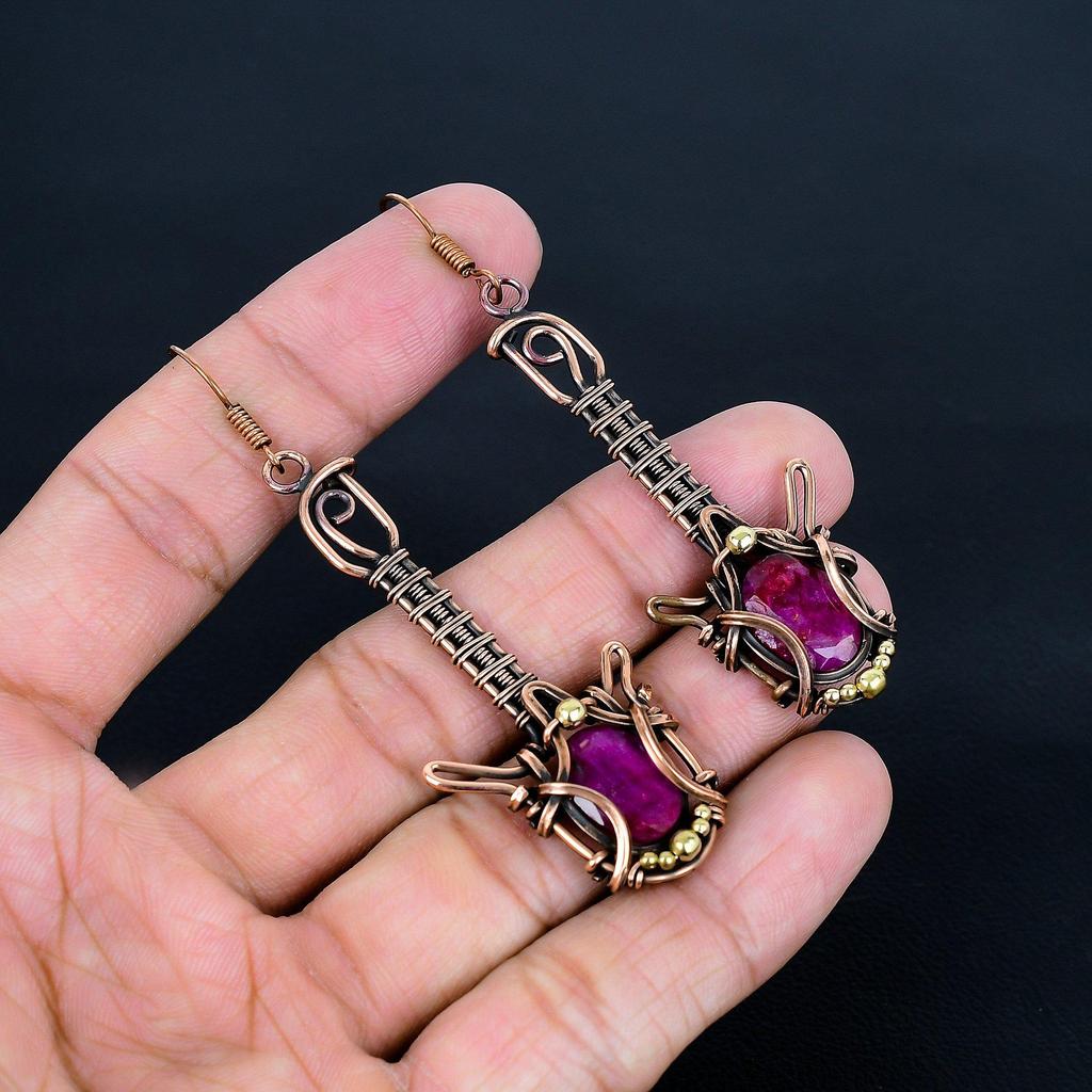 Ruby Earrings Gemstone Jewelry, 999 Copper Wire Wrapped Handmade Earrings, Latest Design Jewelry