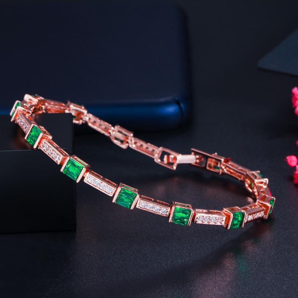 

Популярные украшения Цветной квадратный циркон Ювелирные изделия Медь с покрытием розовым золотом Браслет зелёный