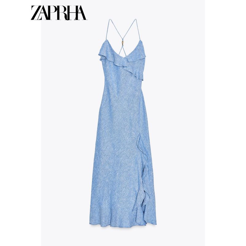 Zaprha 2025 New Arrival Seaside Holiday Style Linen Blend Laminated Decoration Sling Dress 7953757