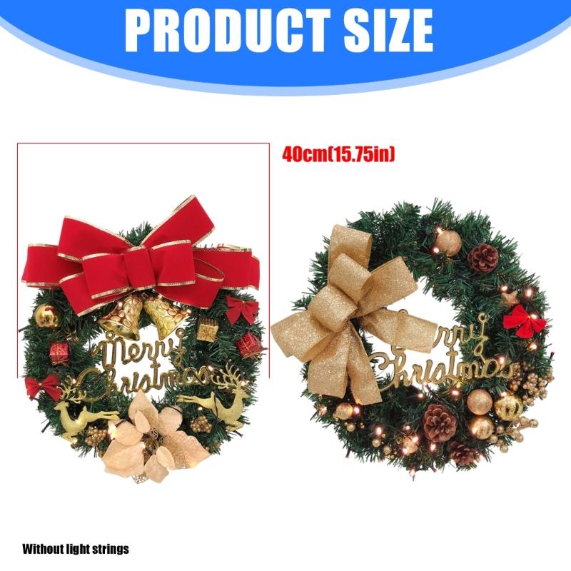 40cm Christmas Wreath with Big Bowknot Holiday Wreath Hanging Decoration for Door Mantels Wall Festival Celebration