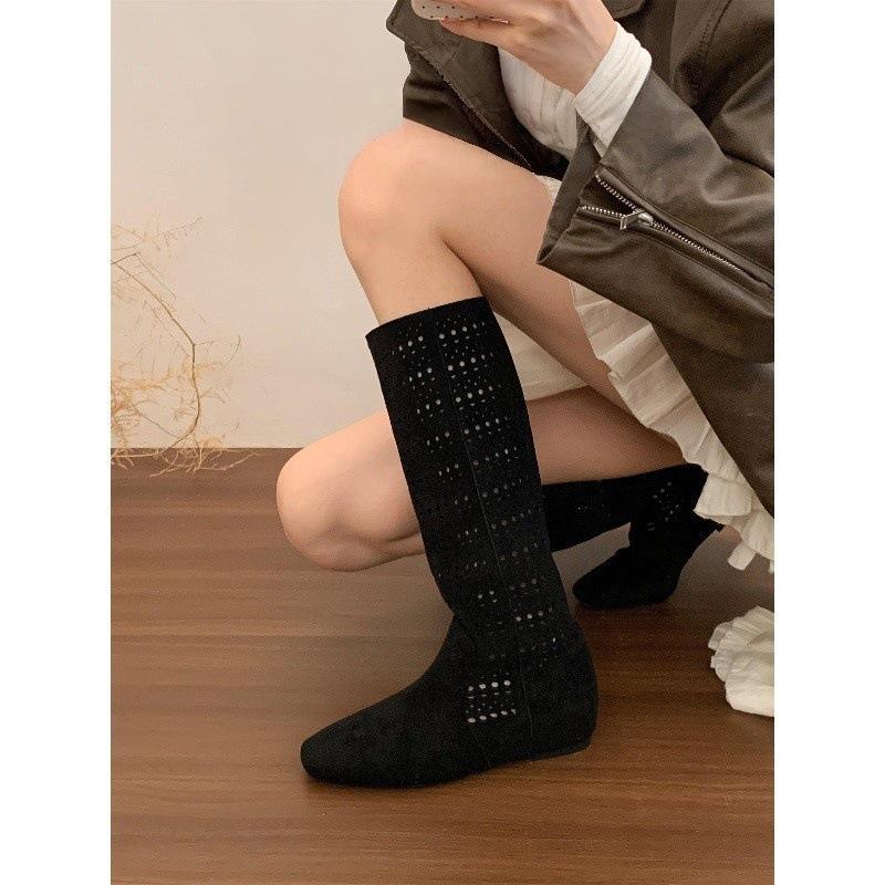 4Cm Inner Height Increase Retro Spice Girl Maillard Hollow Boots Women'S Summer Breathable Non-Slip Millennial Wind Thin Boots