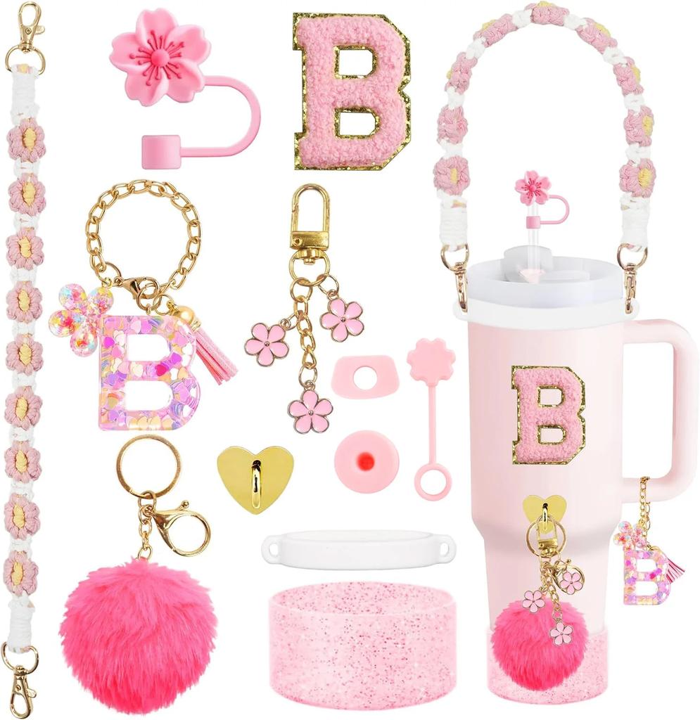 12PCS Cup Accessories for Stanley Cup,Straw Cover Cap 30oz 40oz Water Bottle Handle Strap,Boot,Chains,Personalized Sticker