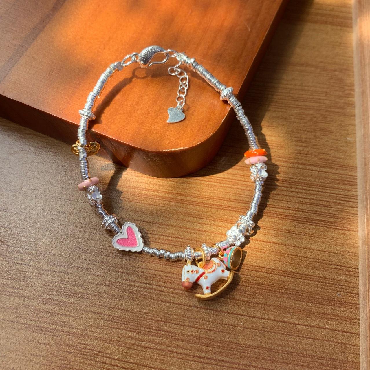 

Pure Silver 999 Love Rocking Trojan Horse Coiling Sterling Silver Bracelet Star Rainbow Running Ring Foot silver