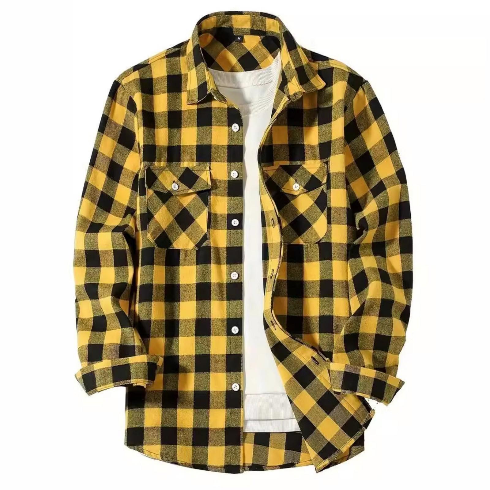 

Men s Casual Loose-Fit Plaid Collared Shirt With Pockets - Long Sleeve L