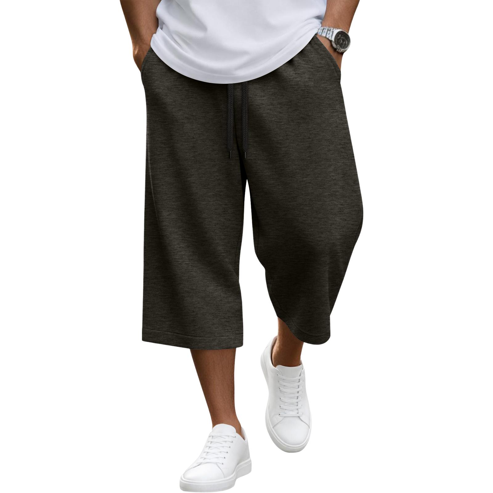 Hibaby1 Heren Casual Losse Kniebroek met Trekkoord Taille Lichtgewicht Ademend Stof Ontspannen Stijl voor Dagelijks Gebruik M
