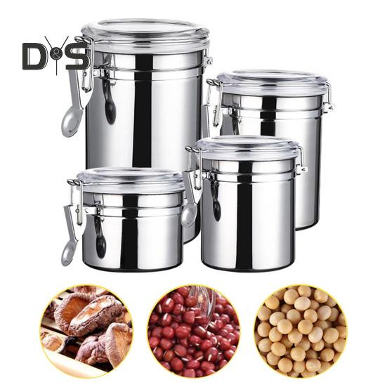 4ks Nerezová vzduchotěsná sada kanystrů Nádoba na potraviny Odolná proti vlhkosti Kuchyňská linka Organizér pro skladování cukru a mouky s průhledným víkem