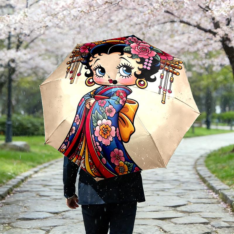 1pc Sturdy 8-Bone Auto Umbrella, Betty Boop Umbrella, Digital Printed, Foldable Umbrella for On-the-Go Outdoor Use