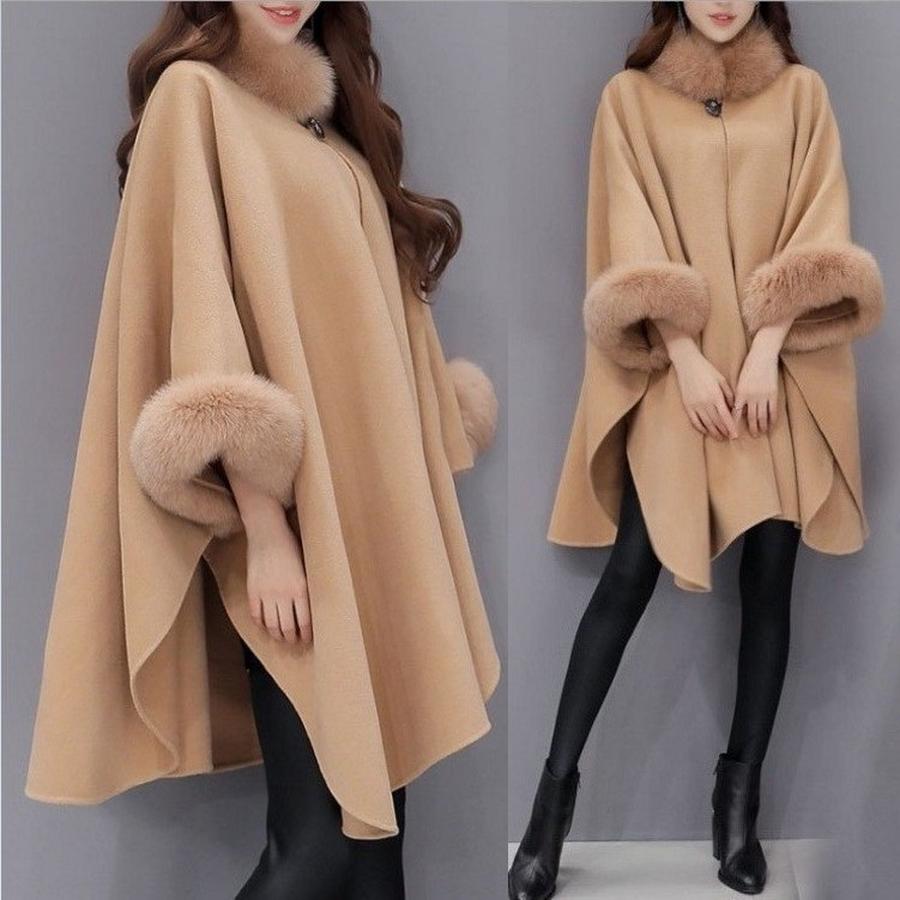 Fall Winter Oversized Rabbit Fur Collar Long Wool Coat Elegant Cape Shawl Hepburn Style Large Size Women's Coat
