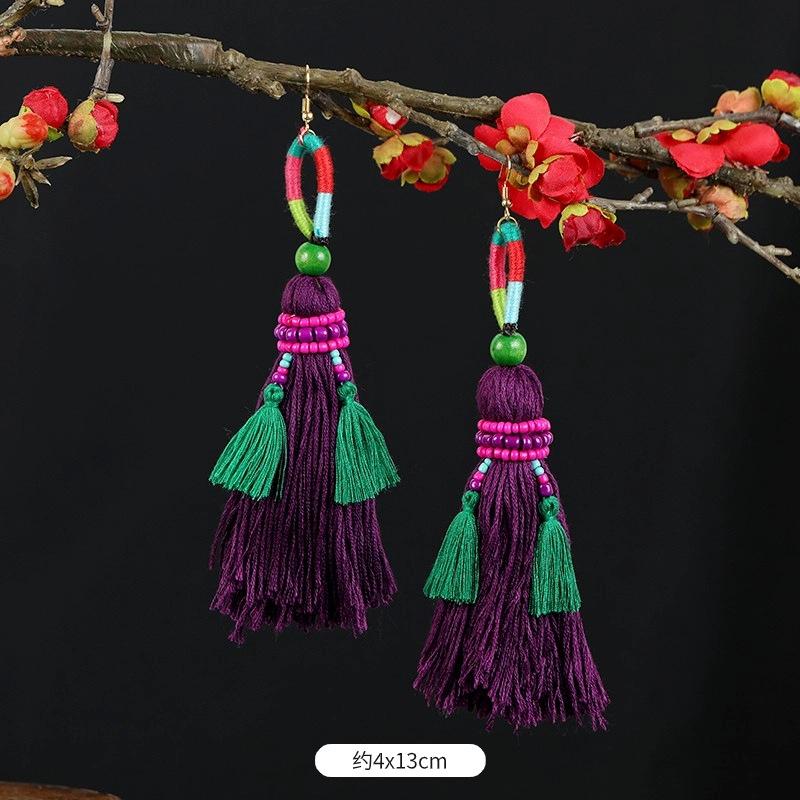 Retro Contrasting Pom-pom Earrings, Exaggerated Personality, Bohemian Vacation Long Fringed Temperament Earrings for Women