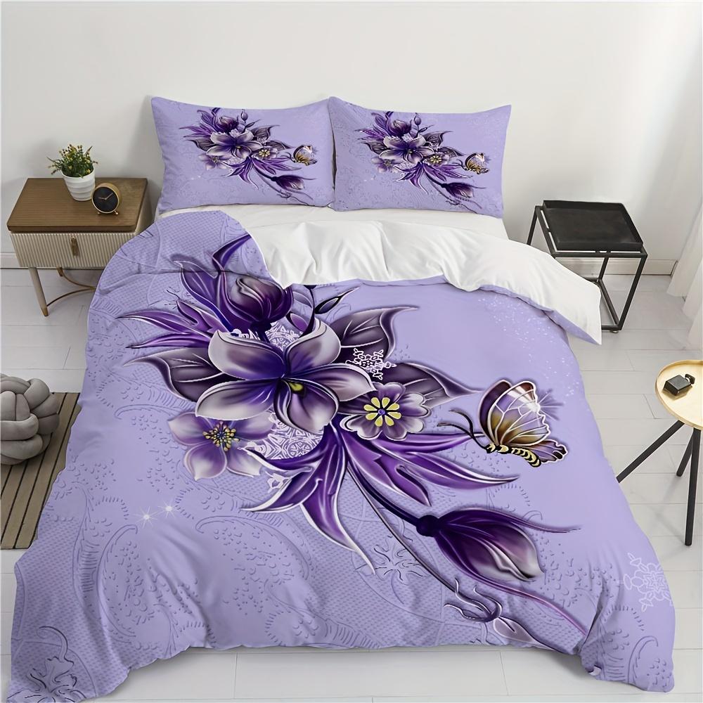 Butterfly Pattern Duvet Cover Queen King Size Purple Floral Textured Bedding Set Bedroom Decor 3 Piece Set With 2 Pillowcases