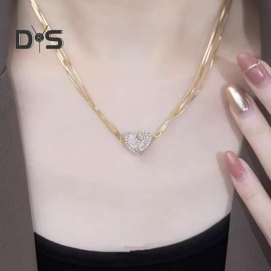 Women Necklace Magnetic Matching Broken Heart Pendant Rhinestone Adjustable Length Hematite Therapy Natural Neck Pain Relief Migraine Healing Choker