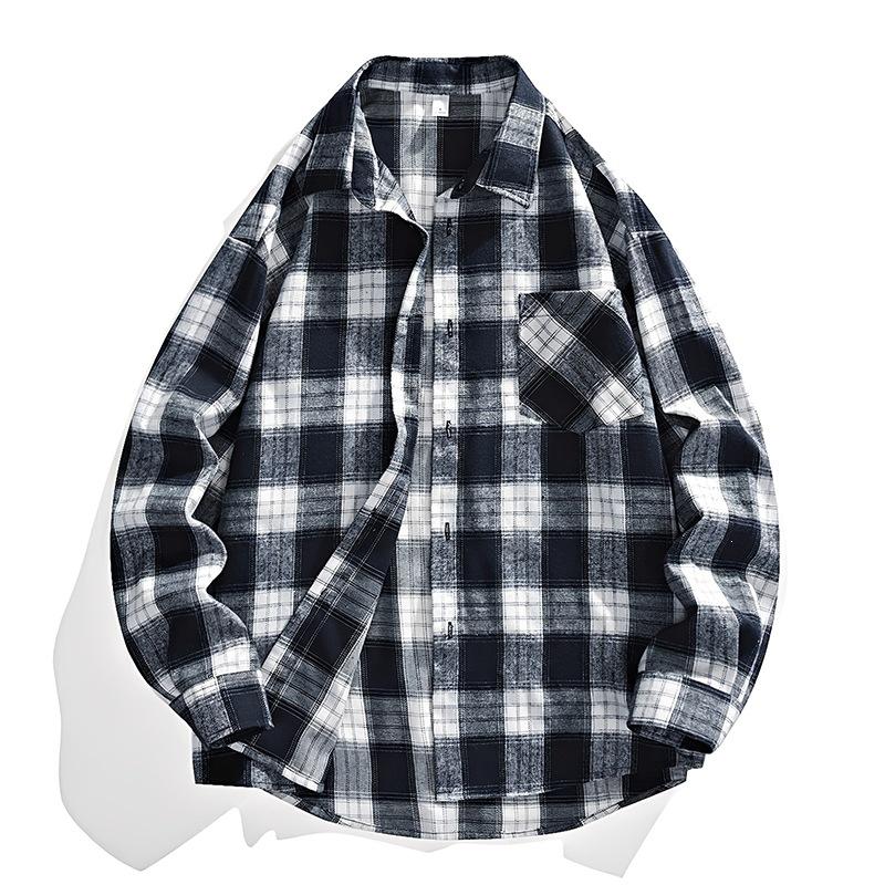 Men Plaid Long Sleeve Shirt Japanese Hong Kong Style Loose Casual Shirts New Trendy Brand All Match Outerwear