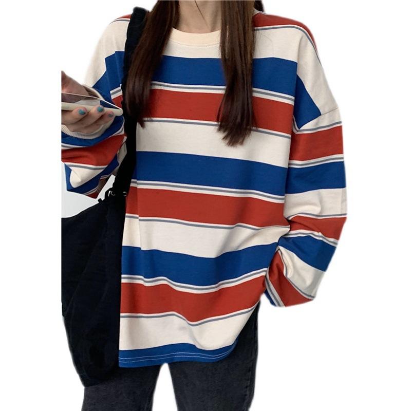 Women Cotton Clothing Female T-Shirt Autumn Winter Stripe Korean Version Loose Lazy Wind Art Long Sleeve Jacket Students Top