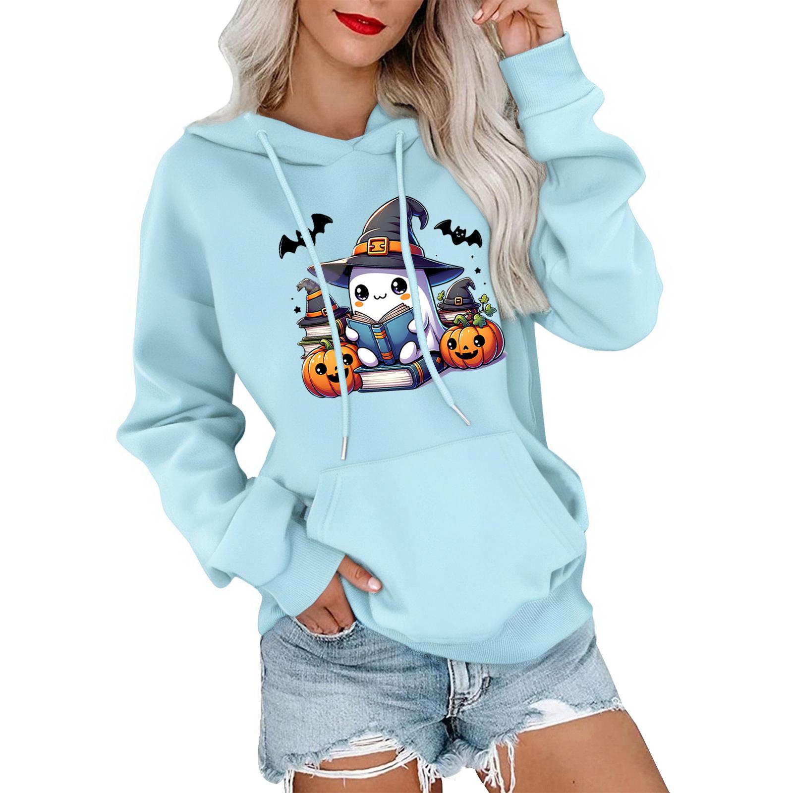 

Женский модный, повседневный, удобный свитер с круглым вырезом, капюшоном, длинными рукавами и принтом на Хэллоуин L