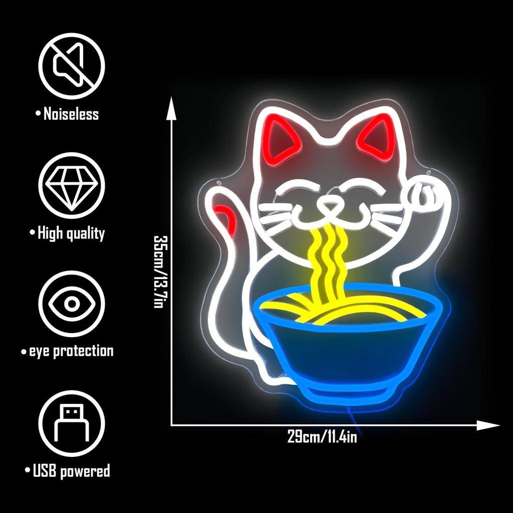 Fortune Cat Ramen Neon Sign Cat Neon Sign Dimmable Japanese Noodles Led Neon Signs for Wall Decor Anime Light Up Signs Neon Lights for Bedroom Store