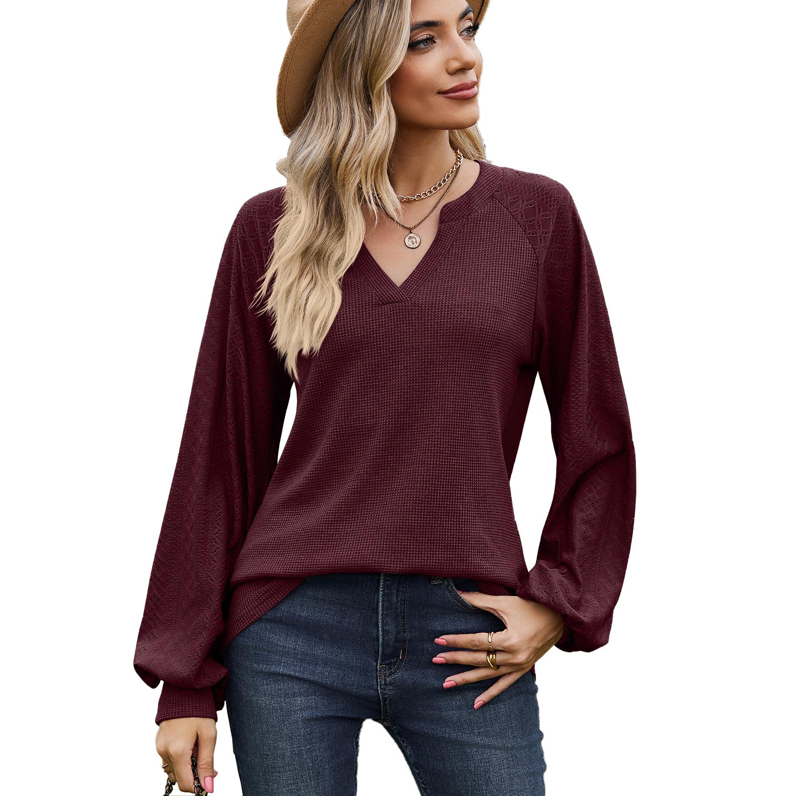 

Осень-зима 2023, женская толстовка, повседневная однотонная свободная футболка с v-образным вырезом и длинными рукавами, топы XL бордовый
