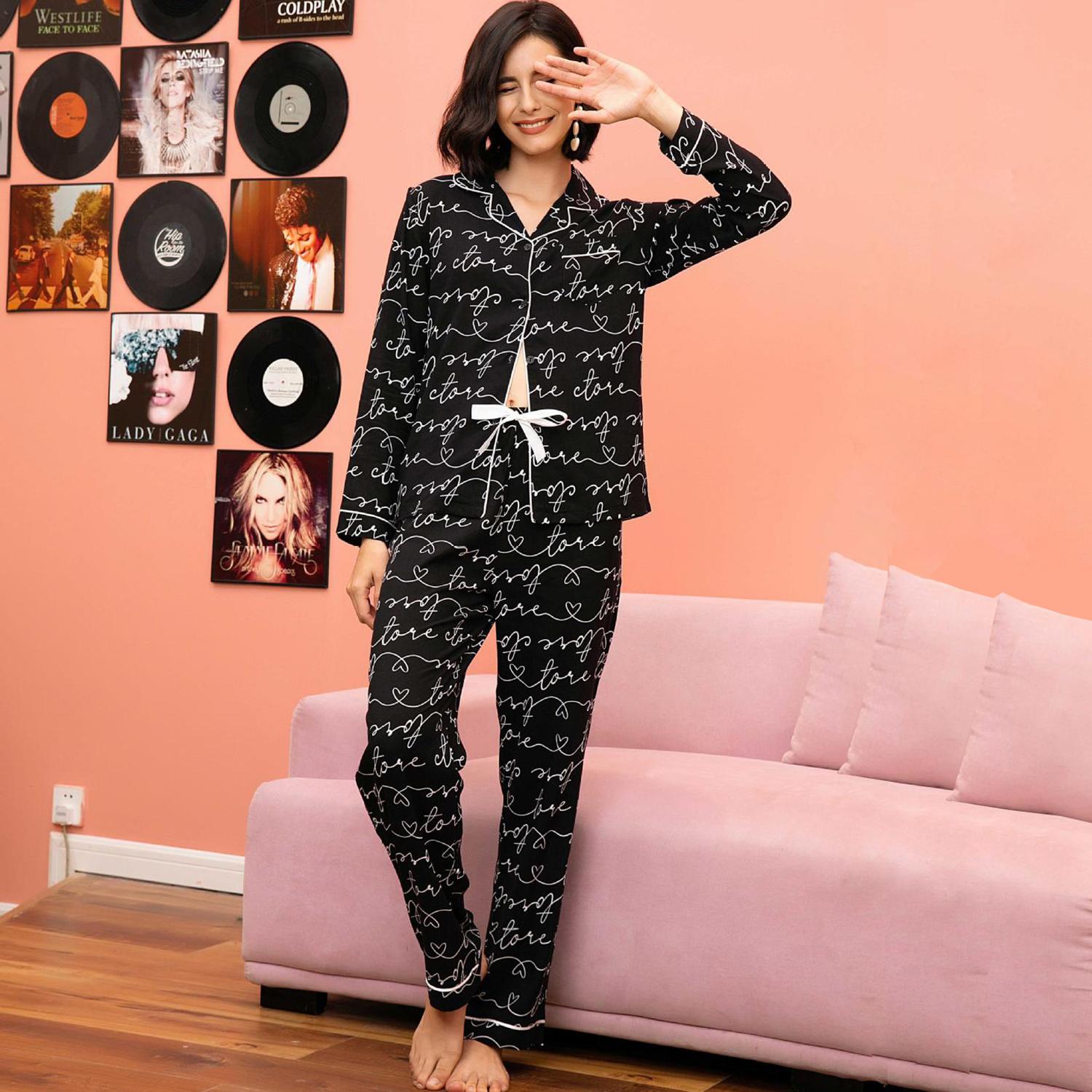 

Женские пижамы BRIGHT DEER из искусственного шелка с принтом в виде букв и брюки розового и черного цвета для сна, домашняя одежда для осени S чёрный