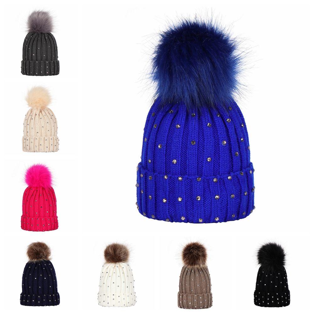 

Модная Детская Зимняя Теплая Шапочка Детская Трикотажная Шапочка Меховой Пом Кристалл Бриллиант Шапка для новорожденных
