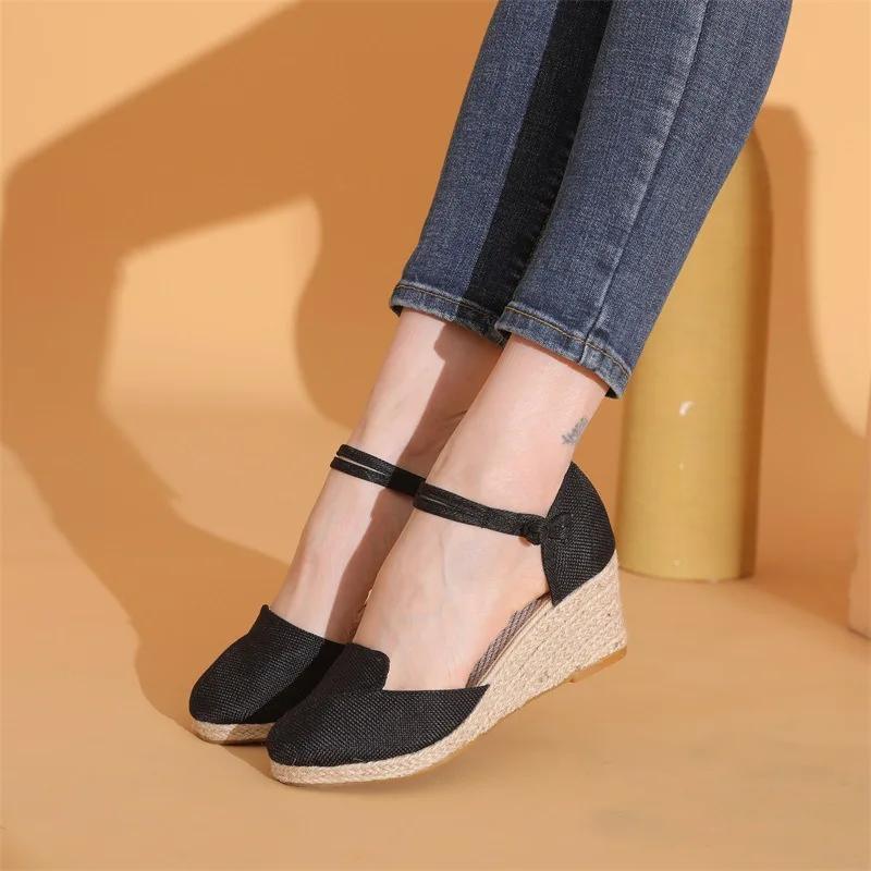 Fashion Women Platform Wedge Linen Sandals Fast Shipping Versatile Braided Buckle Breathable Wedge Sandals High-Heeled Shoes SandáLias