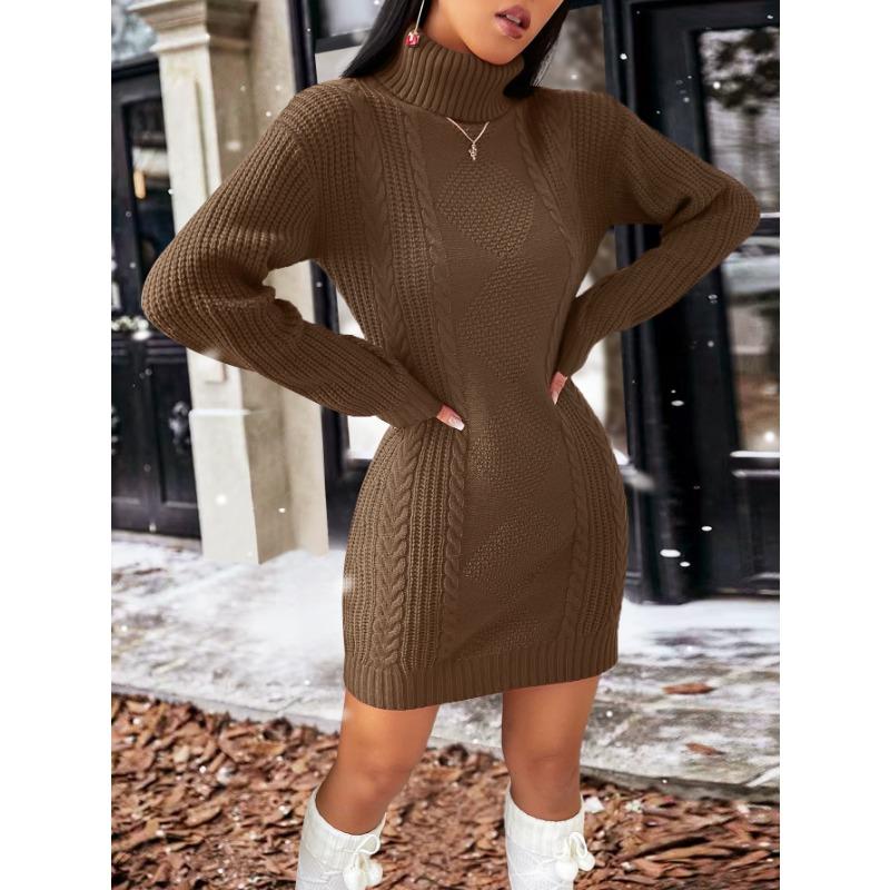Autumn and Winter Brown Sugar High Neck Sweater Women Long Sleeve Knit Sweater Wrap Hip Dresses