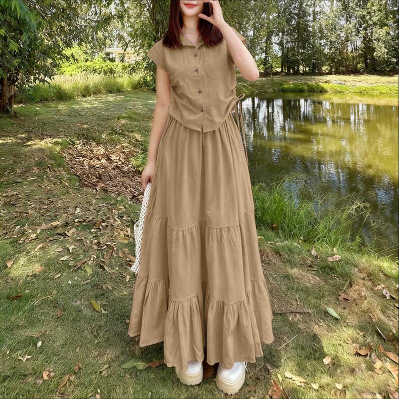 ZANZEA Women Summer Short Sleeve Blouse and Long Skirts Casual Two Piece Suit Sets