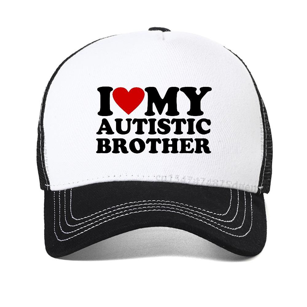I Love My Autistic Brother I Heart My Sister Baseball Cap Humor Autism Gift Caps For Men Women Adjustable Mesh Sun Hat Adjustable