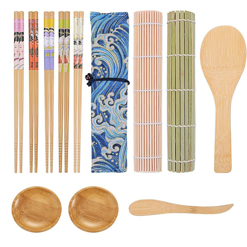 1set DIY Bamboo Sushi Maker Multifunctional Roll Cooking Tools with Sushi Bazooka Make Bamboo Mats Bamboo Chopsticks