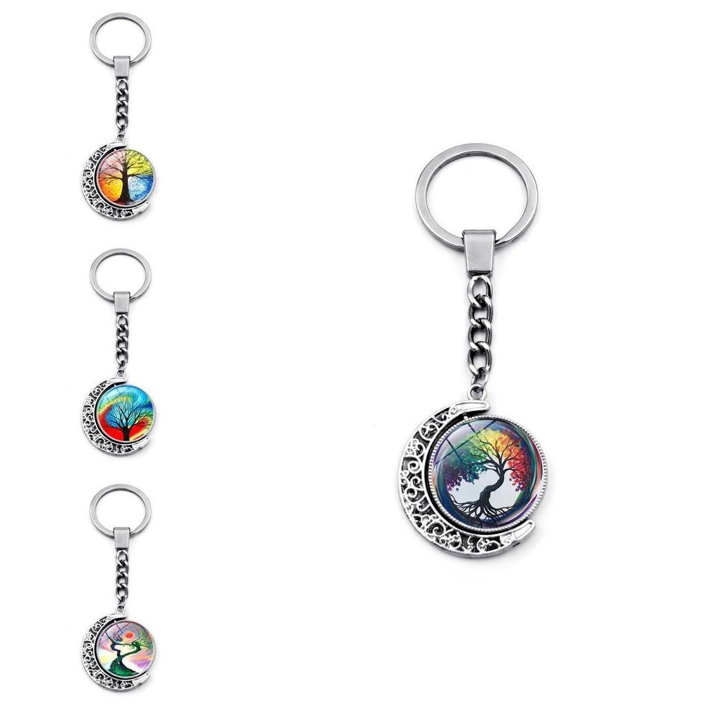 Colorful Tree Of Life Keychain Pendant Double-sided Rotating Moon Charm