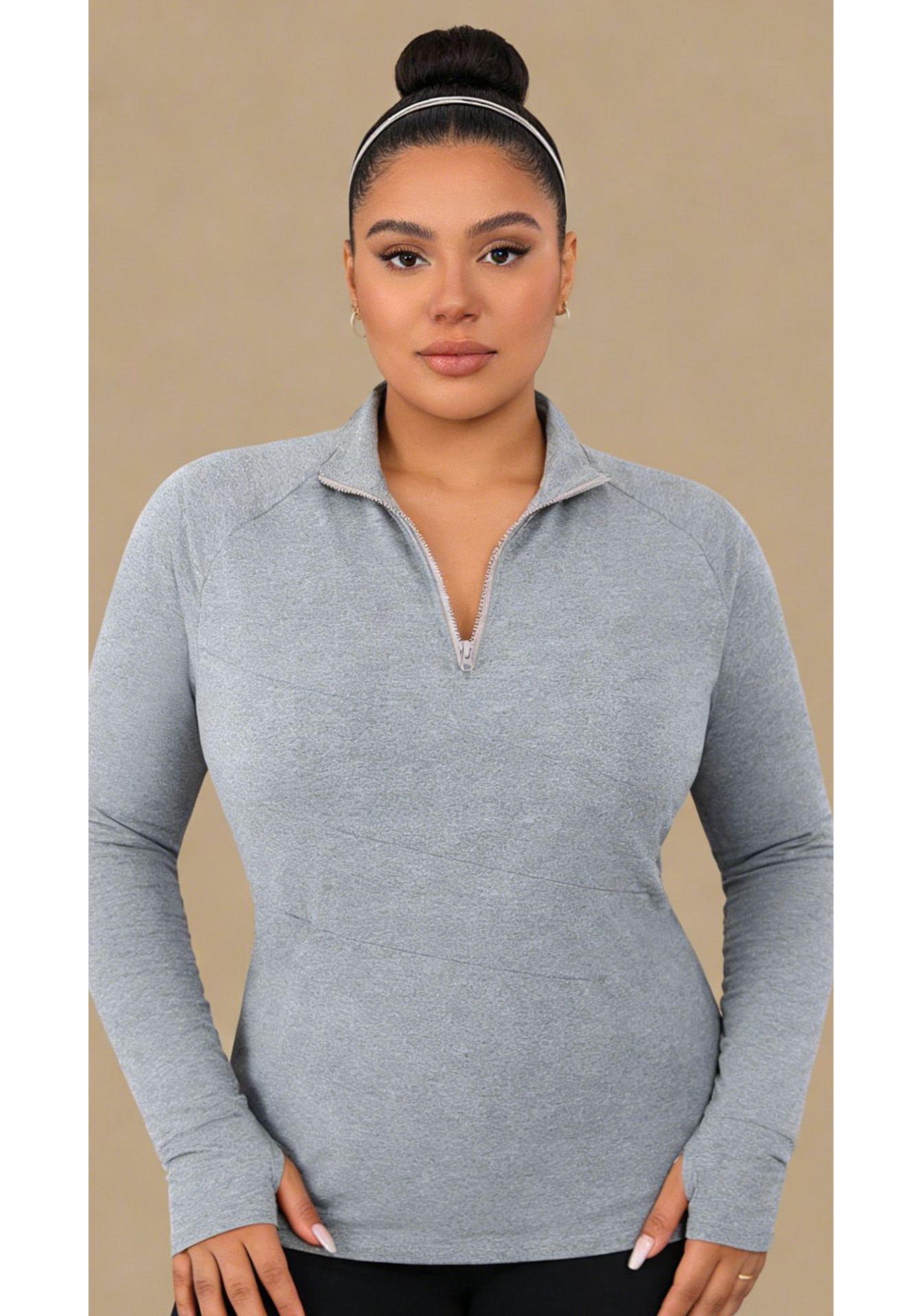 

Plus Size Women s Long Sleeve Yoga Top - Slimming Bodycon Zipper for Running & Gym M светло-серый