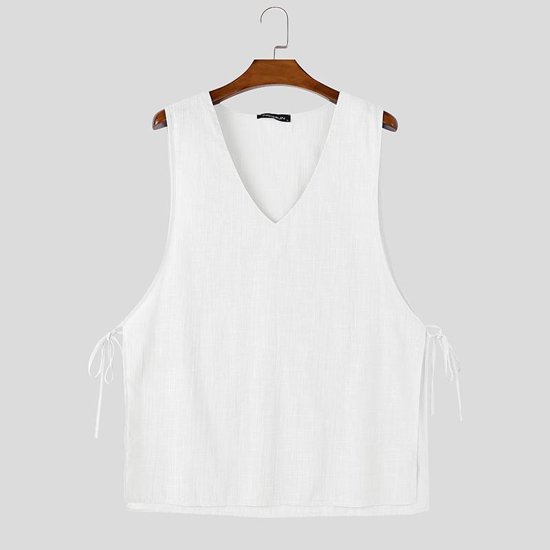 INCERUN Men V Neck Sleeveless Side Lace-up Thin Casual Loose Long Tank Tops