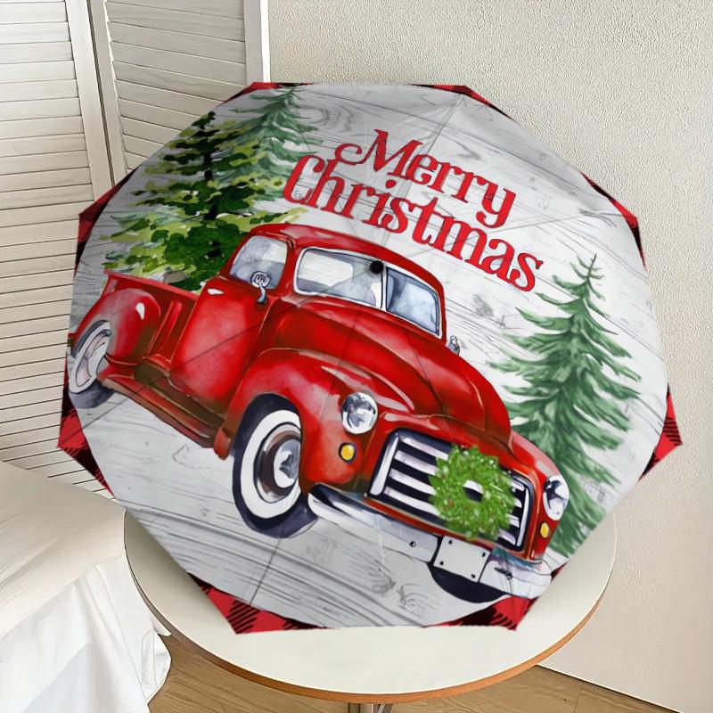 1pc Vintage Red Truck Christmas Ornament Umbrella with Plastic Handle,Suitable for All Seasons Home Travel Outdoor UmbrellaDD255