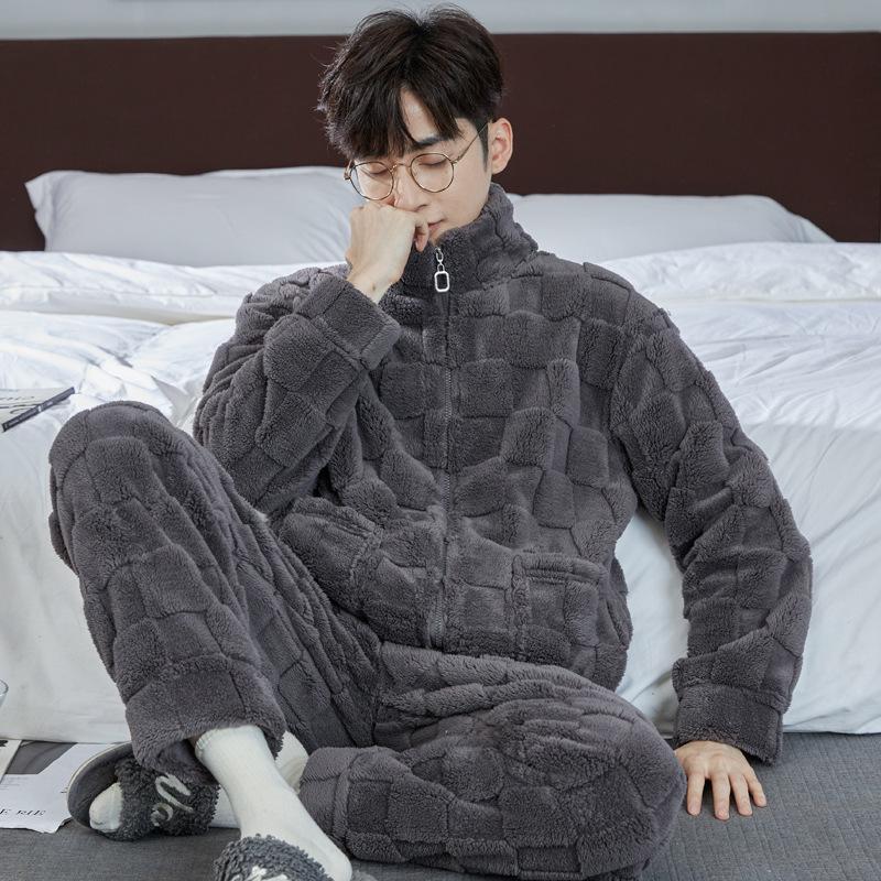 

Чоловіча потовщена піжама з коралового флісу - Комплект домашнього одягу з довгою рукавою з фланелі для осені та зими, підходить для носіння на вулиці. L (110-130 jin) - Yes