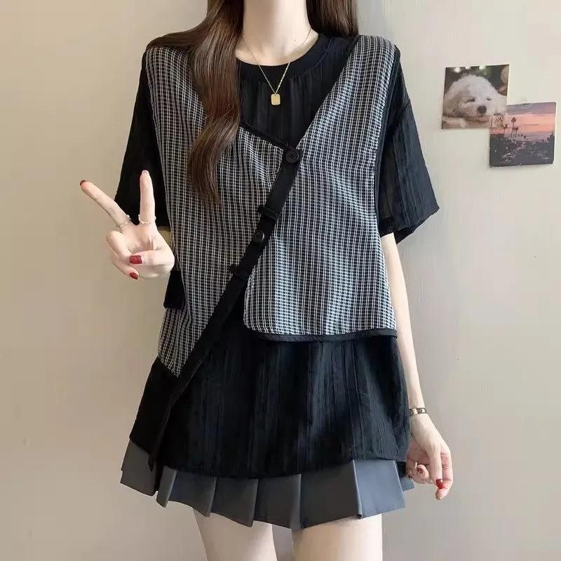 

Irregular Plaid Vest Layered Short-sleeved T-shirt Women s Spring and Summer Large Size Round Neck Top M чёрный
