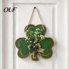 Green Artificial Floral Wreath St. Patrick's Day Wooden Clover Door Sign with Hemp Rope, Rustic Double Layer Shamrock Hanging St Patricks Party