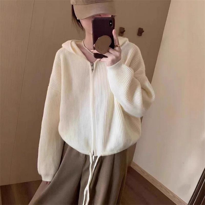 Hooded Sweater Jacket Women's Autumn and Winter New Lazy Style Loose Zipper Drawstring Short Knitted Cardigan Top