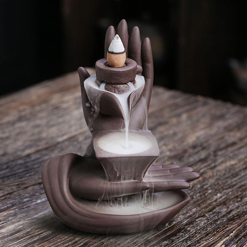 Purple Clay Backflow Incense Burner Creative Stone Mill Buddha Hand Design, Relaxing Aromatherapy Decoration for Home and Office