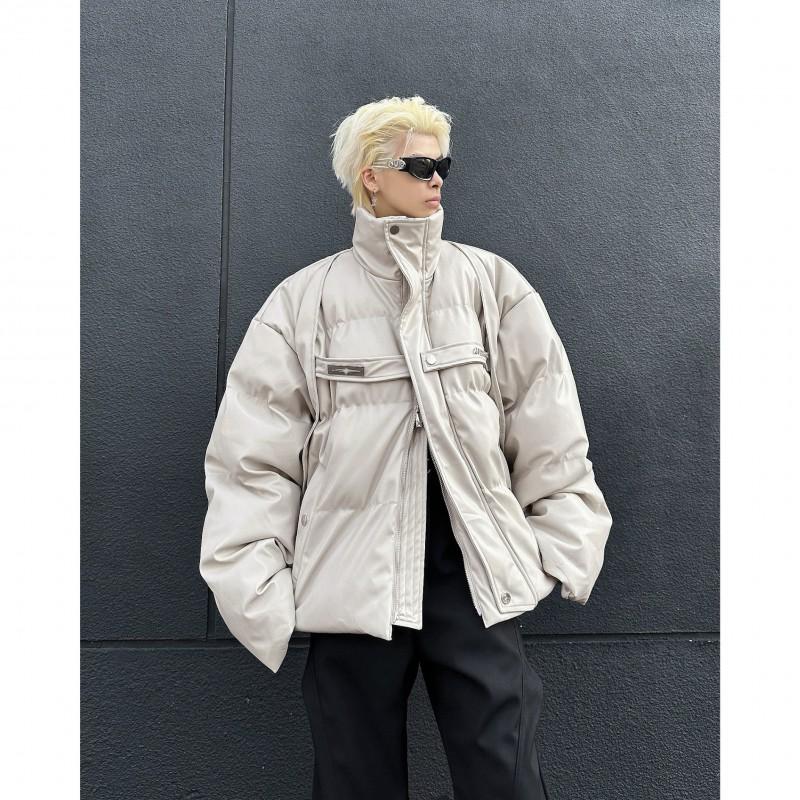 Mens Short Puffer Jacket Winter Warm Thickened Cotton Coat Loose Fit Stand Collar With Metal Buckle Detail