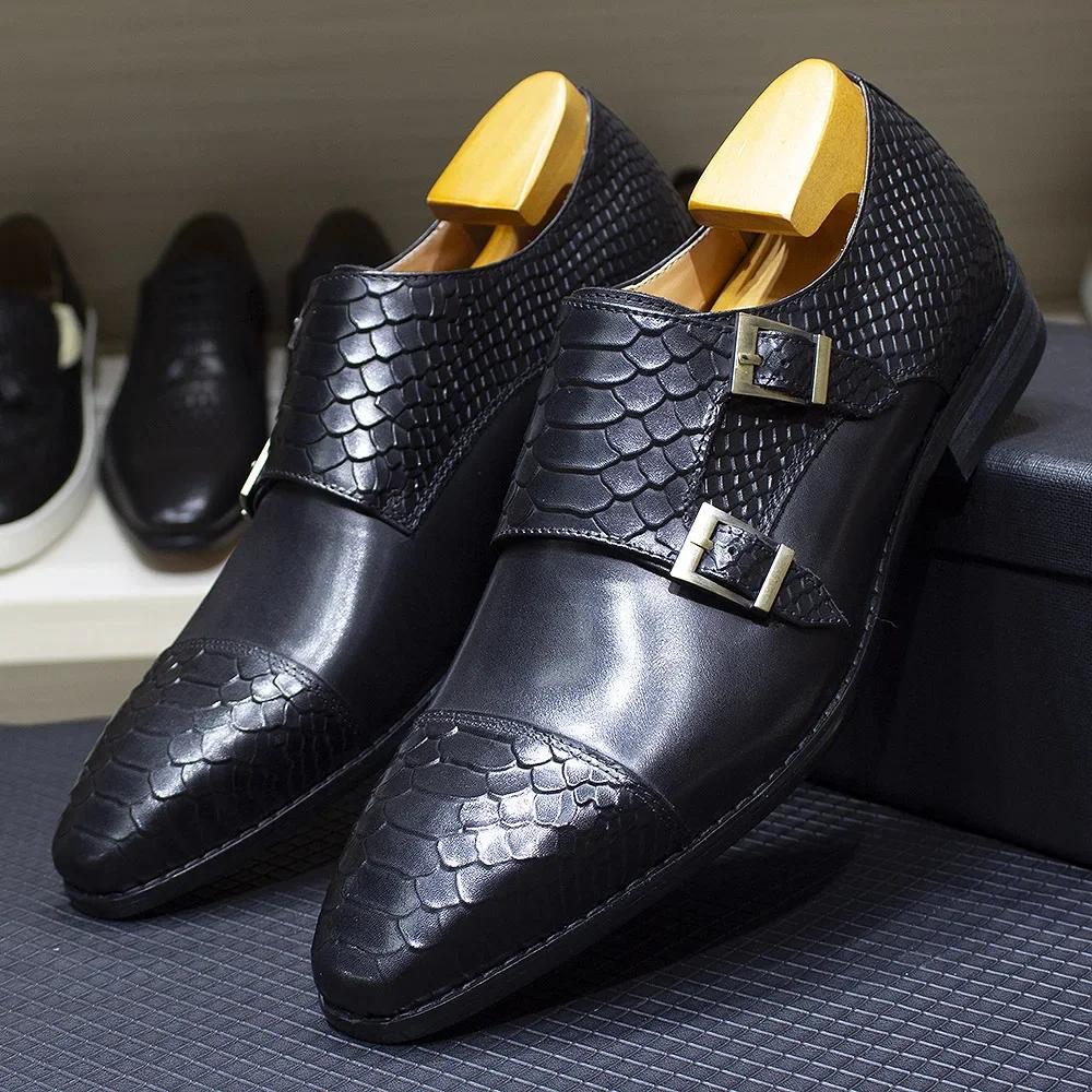 Fashion Luxury Double Buckle Monk Strap Men's Dress Shoes Genuine Leather Classic Crocodile Pattern Formal Business Office Footwear
