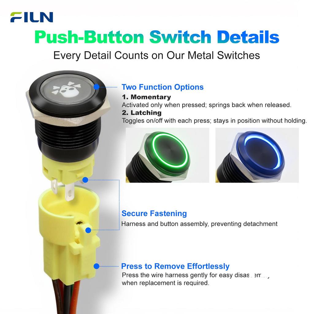 FILN 19mm Waterproof Metal Button Switch, 12V, LED Dual Color, Removable Symbol, Self-locking/Momentary