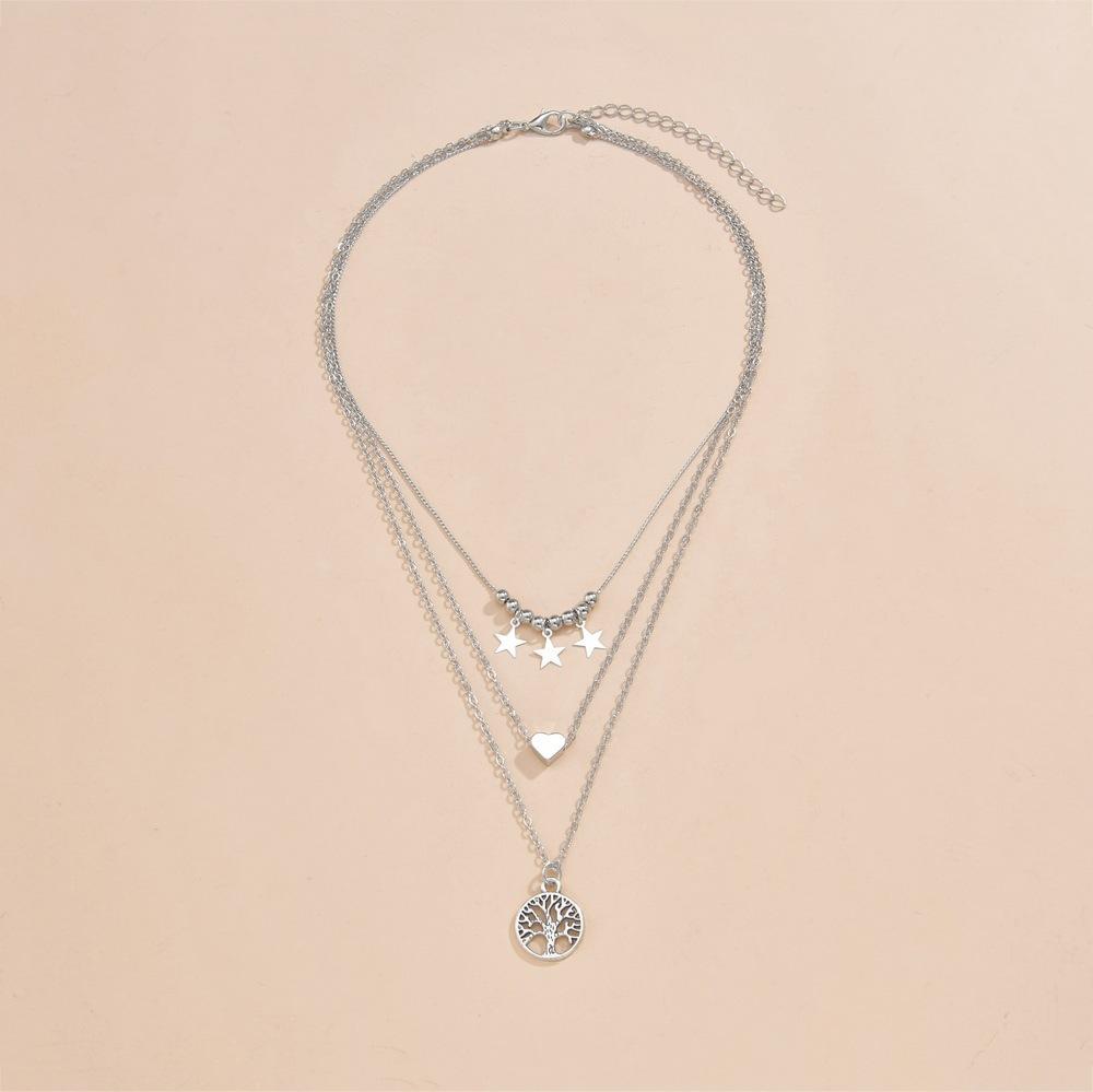 New star tassel love tree of life pendant multi-layered women's alloy silver necklace
