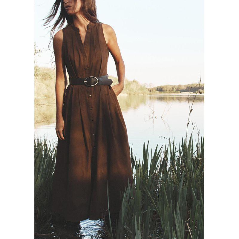 Spring and Summer New Women's Clothing Single-Breasted Pleated Decoration with Belt V Neck Sleeveless Midi Skirt Dress 5029101